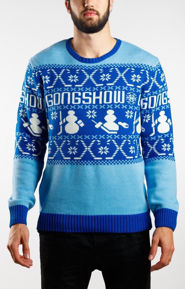 top gear christmas sweater Holiday Cheer Blue Gongshow Hockey Ugly Christmas Sweater – GONGSHOW GEAR